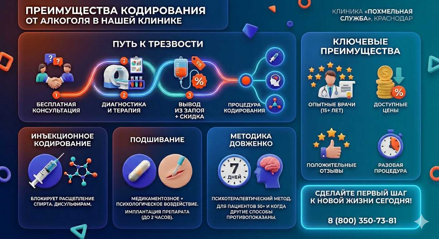 Инфографика о методах кодирования от алкоголя в Шарыпово: инъекции, подшивание, метод Довженко. Преимущества клиники и этапы лечения.