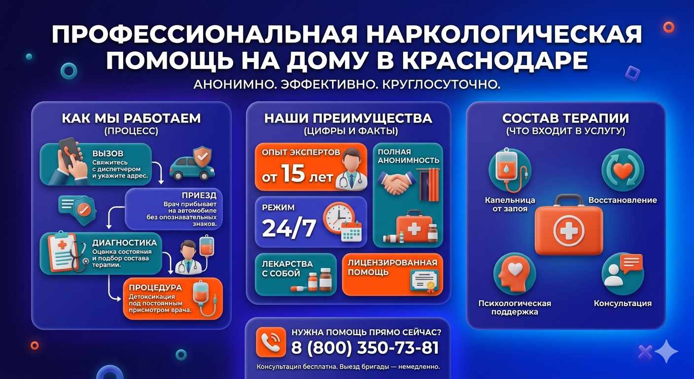 Инфографика о принципах лечения алкоголизма на дому в Шарыпово: этапы вызова нарколога, преимущества анонимной детоксикации и состав медицинской помощи.